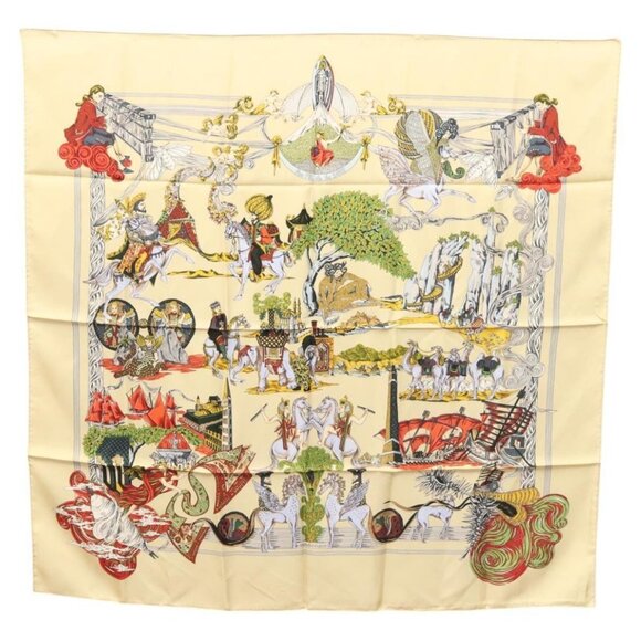 HERMES Carre 90 Scarf ""Au FIL de la SOIE"" Silk Beige Auth - Picture 1 of 13